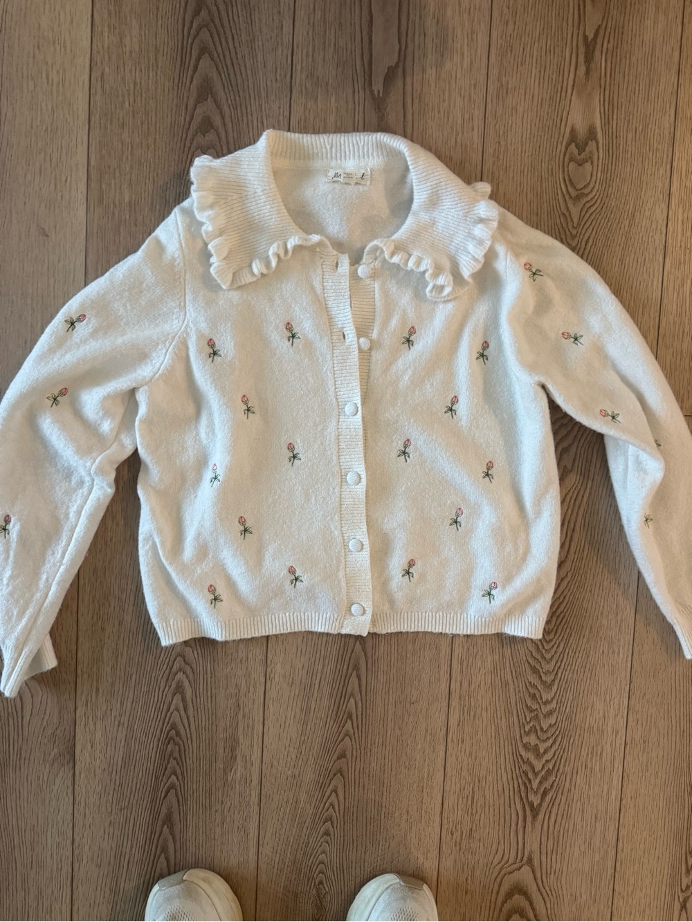 White Ruffle Collar Floral Embroidered Cardigan Jacket